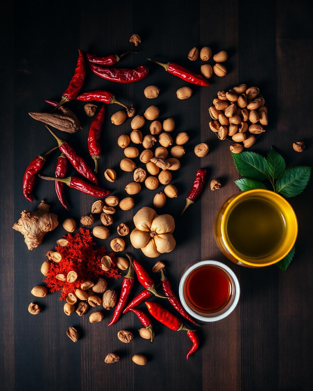 A flatlay of West African spices, peanuts, ginger and chilies